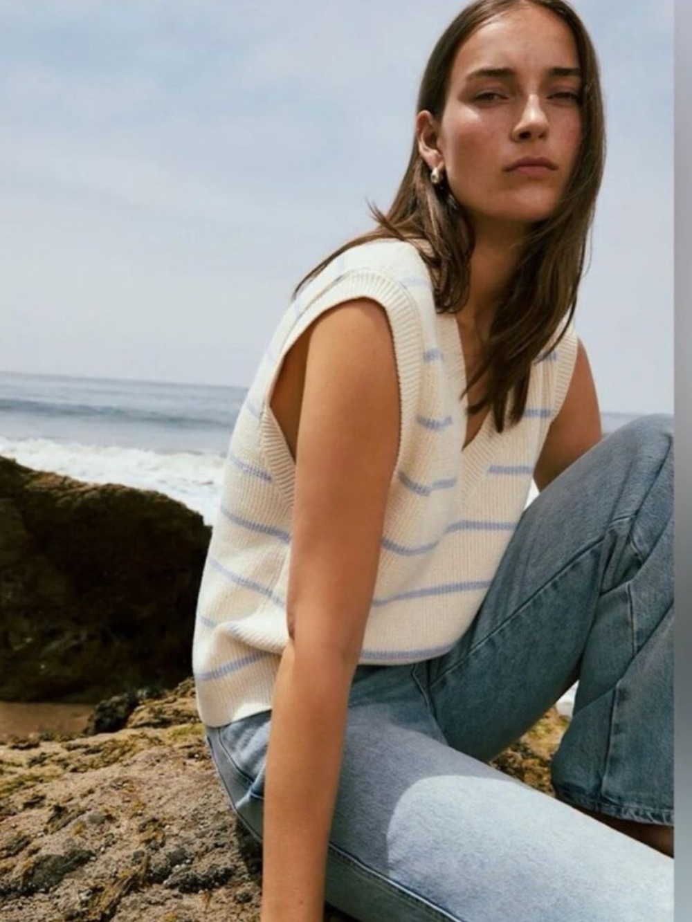 Reformation Swearer Vest Janey Sleeveless Cotton V-Neck Pablo Stripe Cream Blue